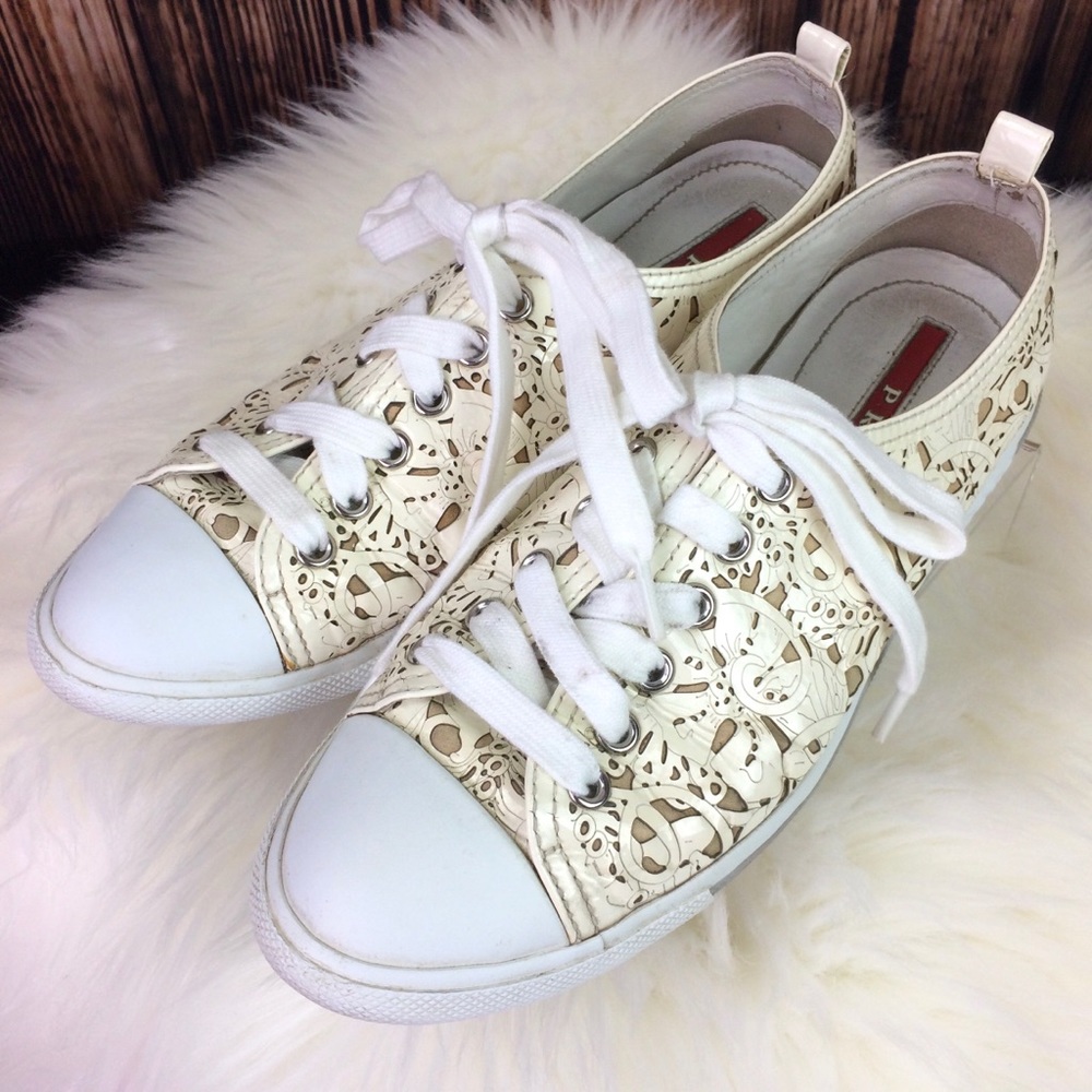 AUTHENTIC PRADA BEIGE LASER CUT FLORAL SNEAKER